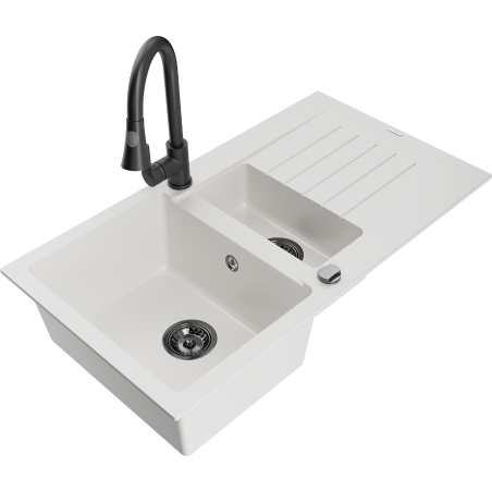 Mexen Matias 1.5-compartment granite sink with a drip tray and kitchen mixer tap Elia, White - 6502-20-670101-70