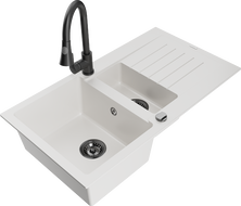 Mexen Matias 1.5-compartment granite sink with a drip tray and kitchen mixer tap Elia, White - 6502-20-670101-70