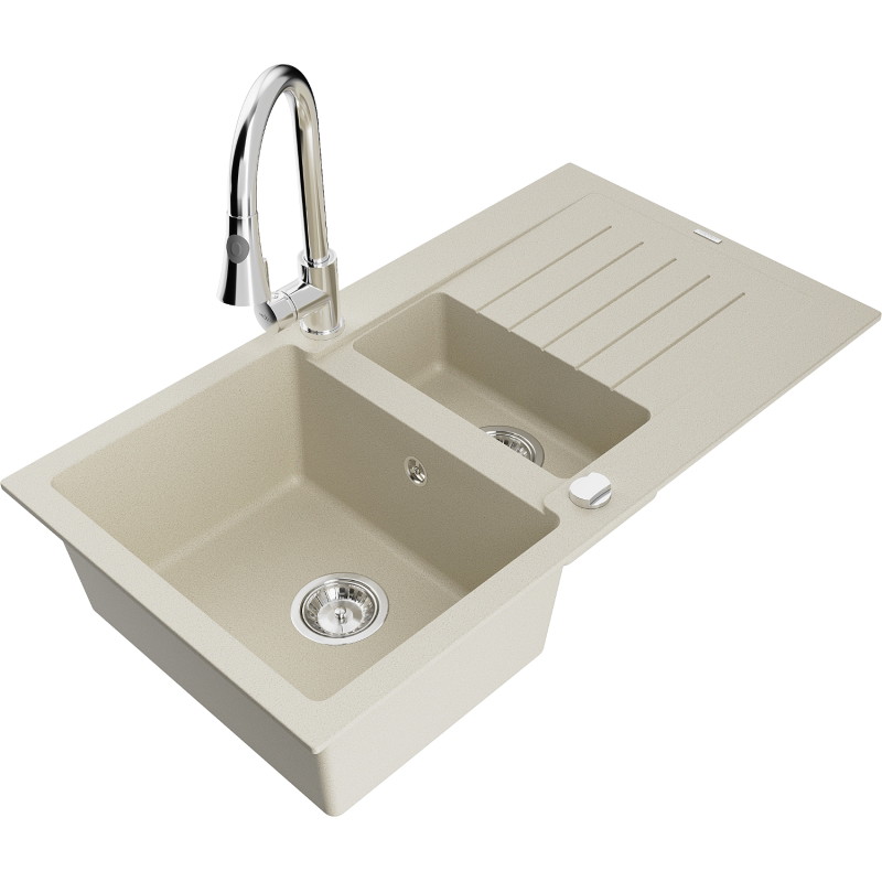 Mexen Matias granite kitchen sink 1.5-bowl with drainer and Elia kitchen faucet, white - 6502-69-670101-00