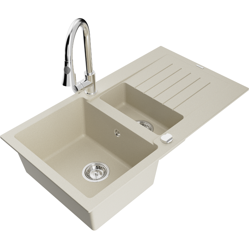 Mexen Matias granite sink 1.5-bowl with drainer and Elia kitchen tap, white - 6502-69-670101-00