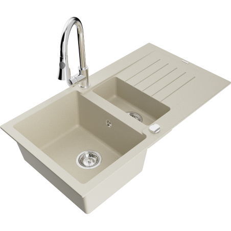 Mexen Matias 1.5-bowl granite sink with drainer and Elia kitchen faucet, white - 6502-69-670101-00