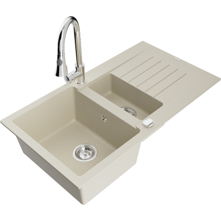 Mexen Matias granite sink 1.5-bowl with drainer and Elia kitchen tap, white - 6502-69-670101-00
