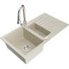 Mexen Matias 1.5-compartment granite sink with a drip tray and kitchen mixer tap Elia, White - 6502-69-670101-00