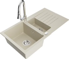 Mexen Matias 1.5-compartment granite sink with a drip tray and kitchen mixer tap Elia, White - 6502-69-670101-00