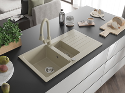 Mexen Matias 1.5-compartment granite sink with a drip tray and kitchen mixer tap Elia, Beige - 6502-69-670101-69