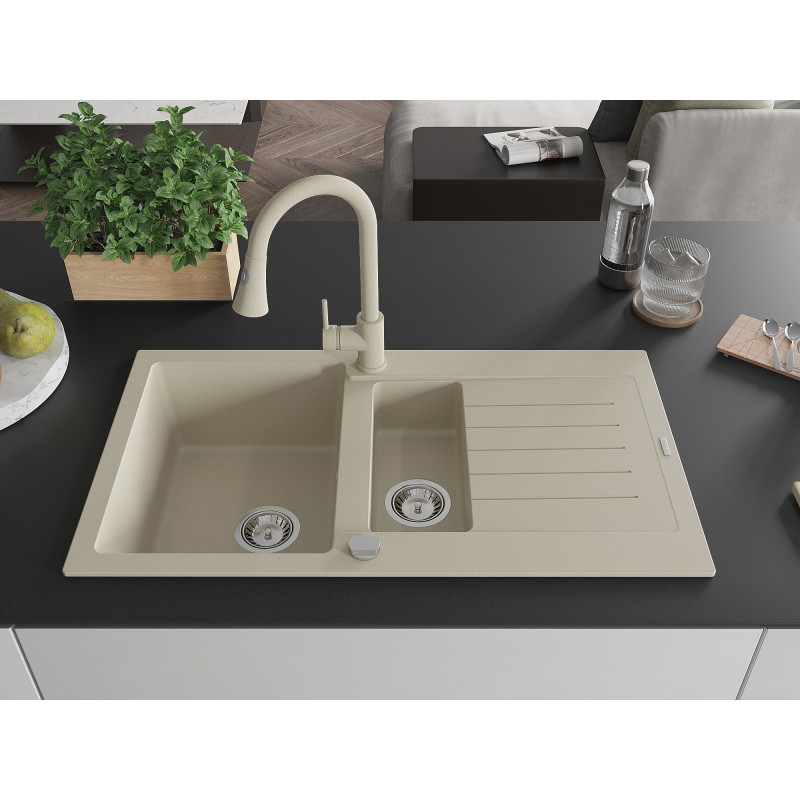 Mexen Matias granite sink 1.5-bowl with drainer and kitchen faucet Elia, beige - 6502-69-670101-69