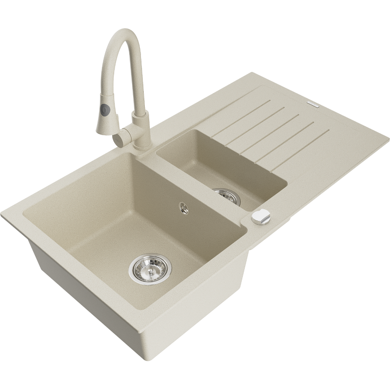 Mexen Matias 1.5-bowl granite sink with drainer and Elia kitchen tap, beige - 6502-69-670101-69