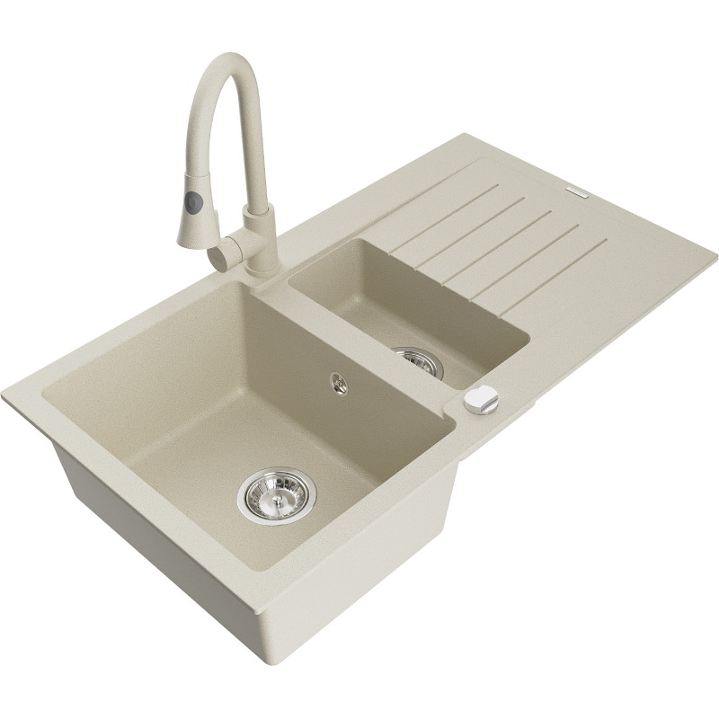 Mexen Matias granite sink 1.5-bowl with drainer and kitchen faucet Elia, beige - 6502-69-670101-69