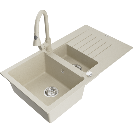 Mexen Matias 1.5-bowl granite sink with drainer and Elia kitchen tap, beige - 6502-69-670101-69