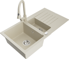 Mexen Matias 1.5-compartment granite sink with a drip tray and kitchen mixer tap Elia, Beige - 6502-69-670101-69