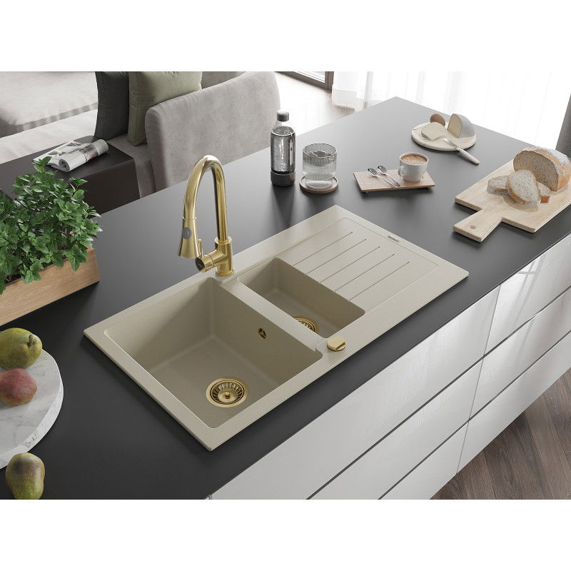 Mexen Matias 1.5-bowl Granite Sink with Drainer and Elia Kitchen Tap, Beige - 6502-69-670101-50