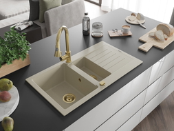 Mexen Matias granite kitchen sink 1.5-bowl with drainer and Elia kitchen faucet, beige - 6502-69-670101-50