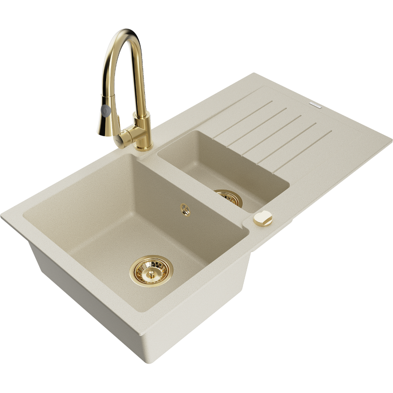 Mexen Matias 1.5-bowl Granite Sink with Drainer and Elia Kitchen Tap, Beige - 6502-69-670101-50