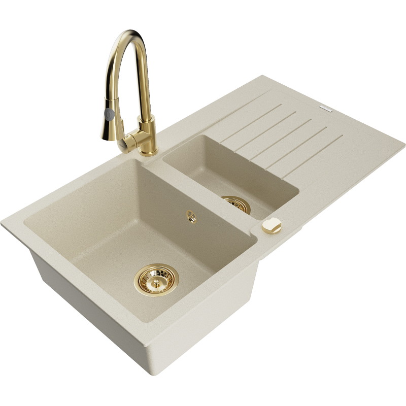 Mexen Matias granite kitchen sink 1.5-bowl with drainer and Elia kitchen faucet, beige - 6502-69-670101-50