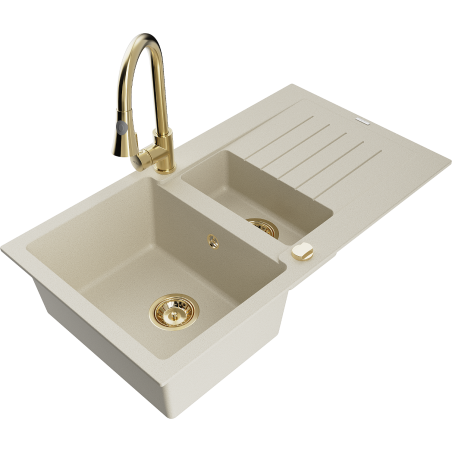 Mexen Matias granite kitchen sink 1.5-bowl with drainer and Elia kitchen faucet, beige - 6502-69-670101-50