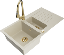 Mexen Matias granite kitchen sink 1.5-bowl with drainer and Elia kitchen faucet, beige - 6502-69-670101-50