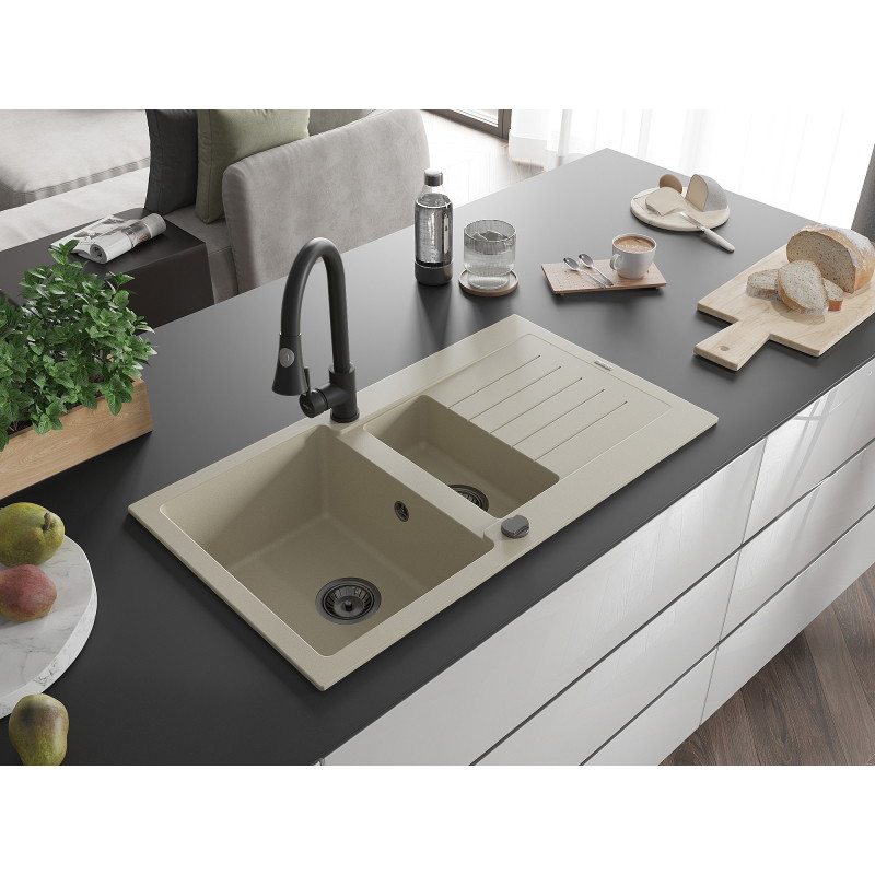 Mexen Matias granite sink 1.5-bowl with drainer and kitchen faucet Elia, beige - 6502-69-670101-70
