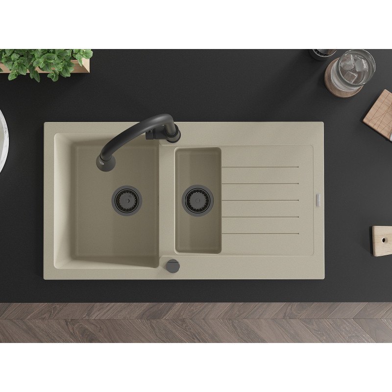 Mexen Matias granite sink 1.5-bowl with drainer and Elia kitchen faucet, beige - 6502-69-670101-70