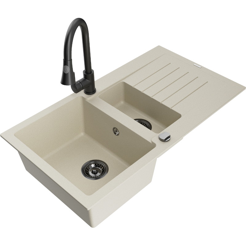 Mexen Matias granite sink 1.5-bowl with drainer and kitchen faucet Elia, beige - 6502-69-670101-70