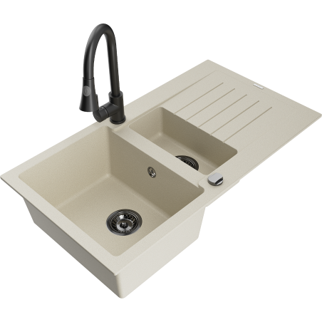 Mexen Matias 1.5-compartment granite sink with a drip tray and kitchen mixer tap Elia, Beige - 6502-69-670101-70