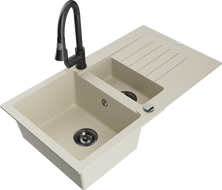 Mexen Matias 1.5-compartment granite sink with a drip tray and kitchen mixer tap Elia, Beige - 6502-69-670101-70