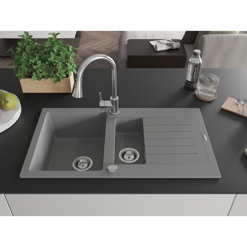 Mexen Matias 1.5-bowl granite sink with drainer and Elia kitchen tap, grey - 6502-71-670101-00