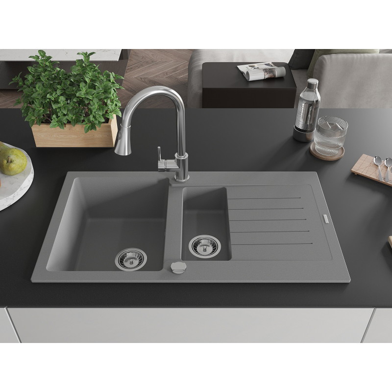 Mexen Matias granite sink 1.5-bowl with drainer and Elia kitchen faucet, gray - 6502-71-670101-00