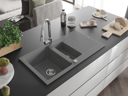 Mexen Matias 1.5-compartment granite sink with a drip tray and kitchen mixer tap Elia, Grey - 6502-71-670101-00