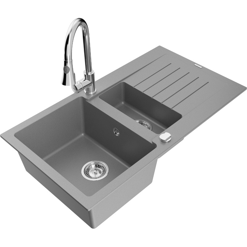 Mexen Matias granite sink 1.5-bowl with drainer and Elia kitchen faucet, gray - 6502-71-670101-00