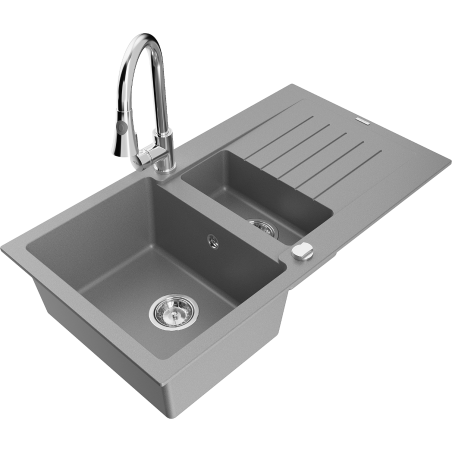 Mexen Matias 1.5-compartment granite sink with a drip tray and kitchen mixer tap Elia, Grey - 6502-71-670101-00