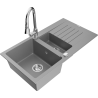 Mexen Matias 1.5-compartment granite sink with a drip tray and kitchen mixer tap Elia, Grey - 6502-71-670101-00