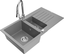 Mexen Matias 1.5-compartment granite sink with a drip tray and kitchen mixer tap Elia, Grey - 6502-71-670101-00
