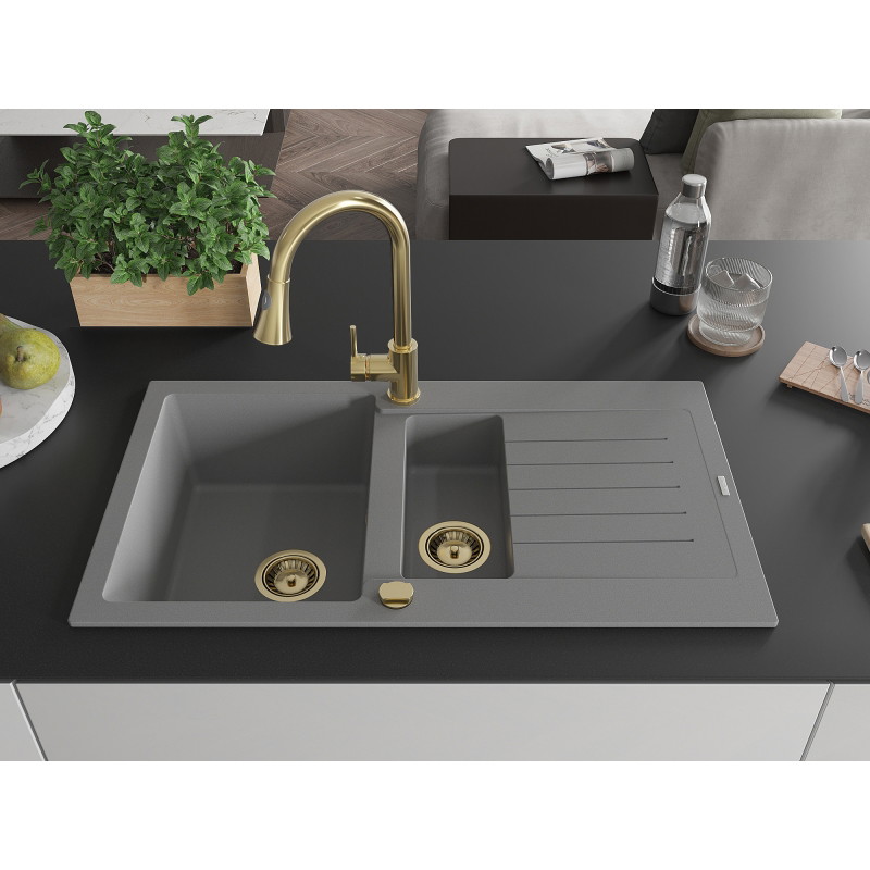 Mexen Matias 1.5-bowl granite sink with drainer and Elia kitchen faucet, gray - 6502-71-670101-50