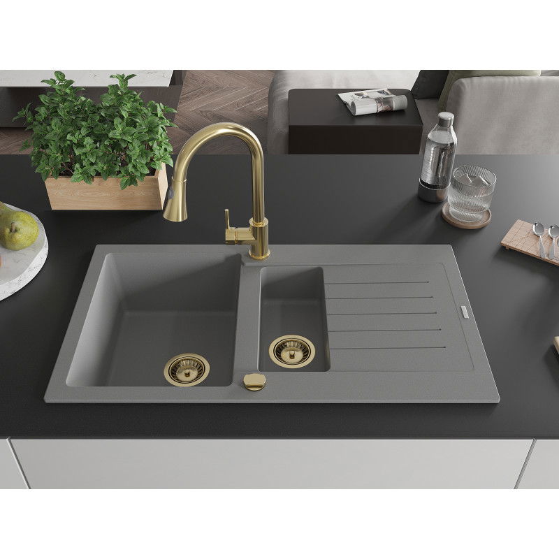 Mexen Matias granite sink 1.5-bowl with drainer and Elia kitchen tap, grey - 6502-71-670101-50