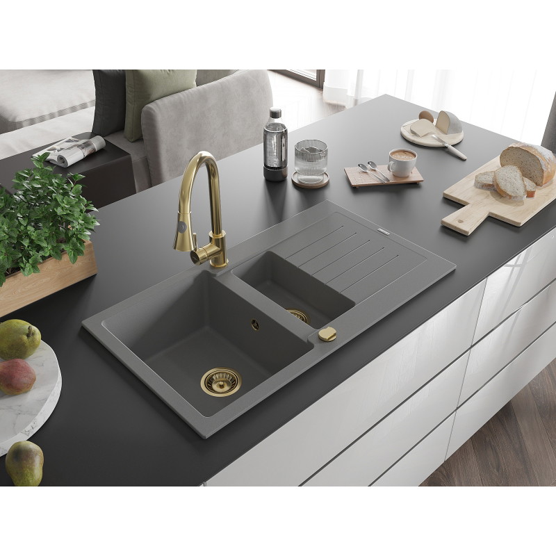 Mexen Matias 1.5-bowl granite sink with drainer and Elia kitchen faucet, gray - 6502-71-670101-50