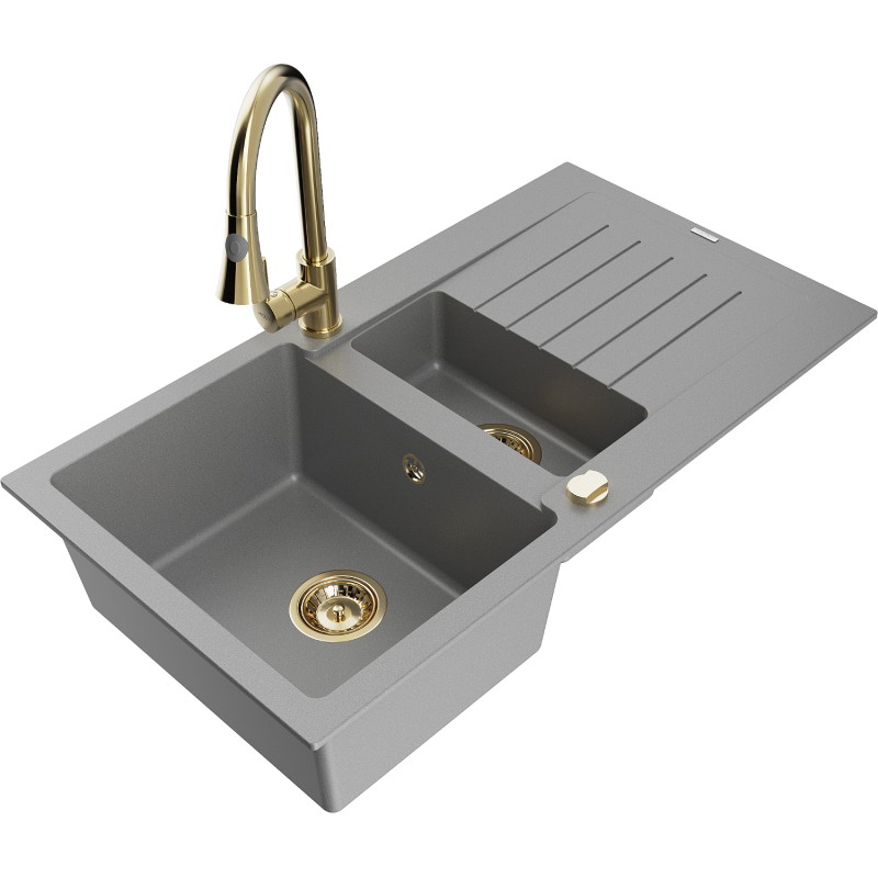 Mexen Matias 1.5-bowl granite sink with drainer and Elia kitchen faucet, gray - 6502-71-670101-50