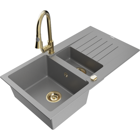 Mexen Matias 1.5-bowl granite sink with drainer and Elia kitchen faucet, gray - 6502-71-670101-50