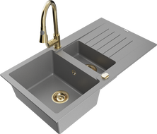 Mexen Matias 1.5-compartment granite sink with a drip tray and kitchen mixer tap Elia, Grey - 6502-71-670101-50