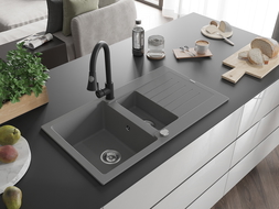Mexen Matias 1.5-compartment granite sink with a drip tray and kitchen mixer tap Elia, Grey - 6502-71-670101-70