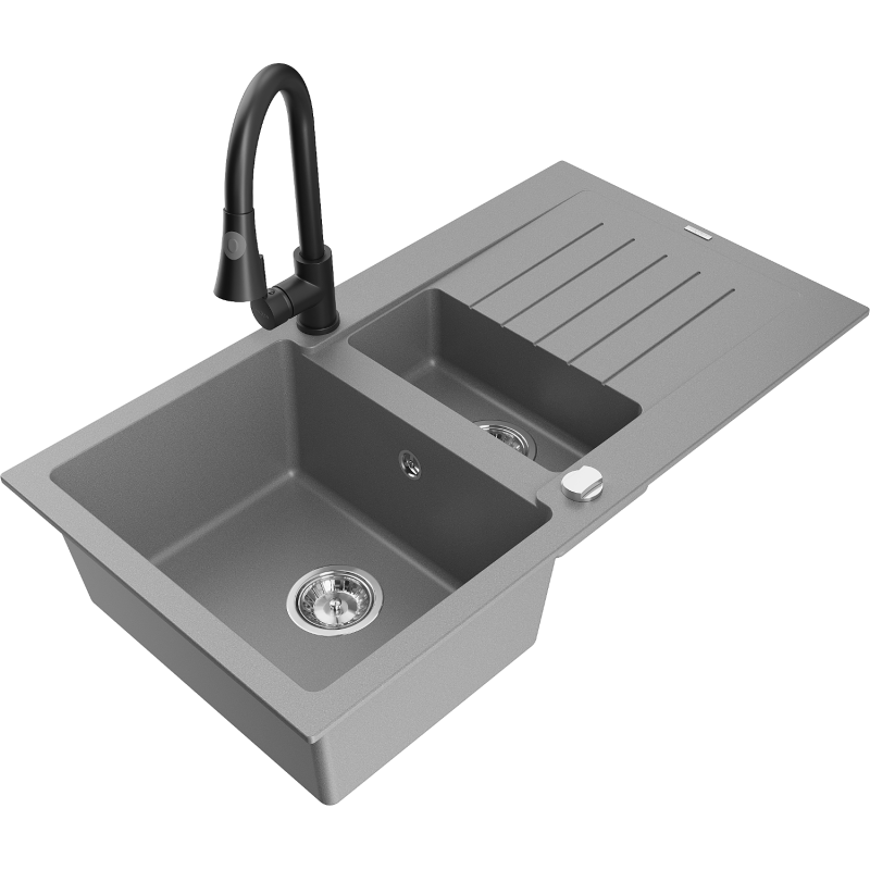 Mexen Matias granite sink 1.5-bowl with drainer and Elia kitchen tap, grey - 6502-71-670101-70