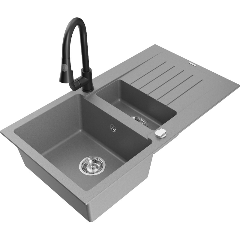 Mexen Matias granite sink 1.5-bowl with drainer and kitchen faucet Elia, gray - 6502-71-670101-70