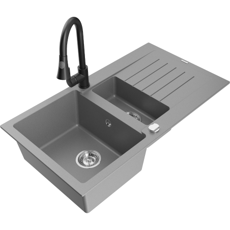 Mexen Matias 1.5-compartment granite sink with a drip tray and kitchen mixer tap Elia, Grey - 6502-71-670101-70