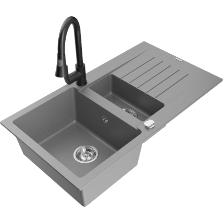 Mexen Matias granite sink 1.5-bowl with drainer and Elia kitchen tap, grey - 6502-71-670101-70
