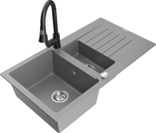 Mexen Matias 1.5-compartment granite sink with a drip tray and kitchen mixer tap Elia, Grey - 6502-71-670101-70
