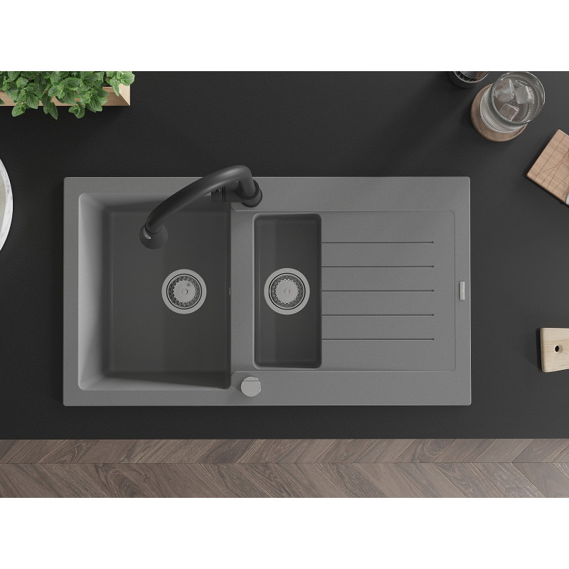 Mexen Matias granit sink 1.5-bowl with drainer and Elia kitchen faucet, gray - 6502-71-670101-70