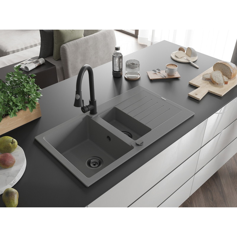 Mexen Matias granite sink 1.5-bowl with drainer and Elia kitchen faucet, gray - 6502-71-670101-70-B