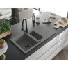 Mexen Matias granite sink 1.5-bowl with drainer and Elia kitchen faucet, gray - 6502-71-670101-70-B