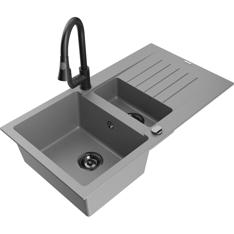 Mexen Matias 1.5-compartment granite sink with a drip tray and kitchen mixer tap Elia, Grey - 6502-71-670101-70-B
