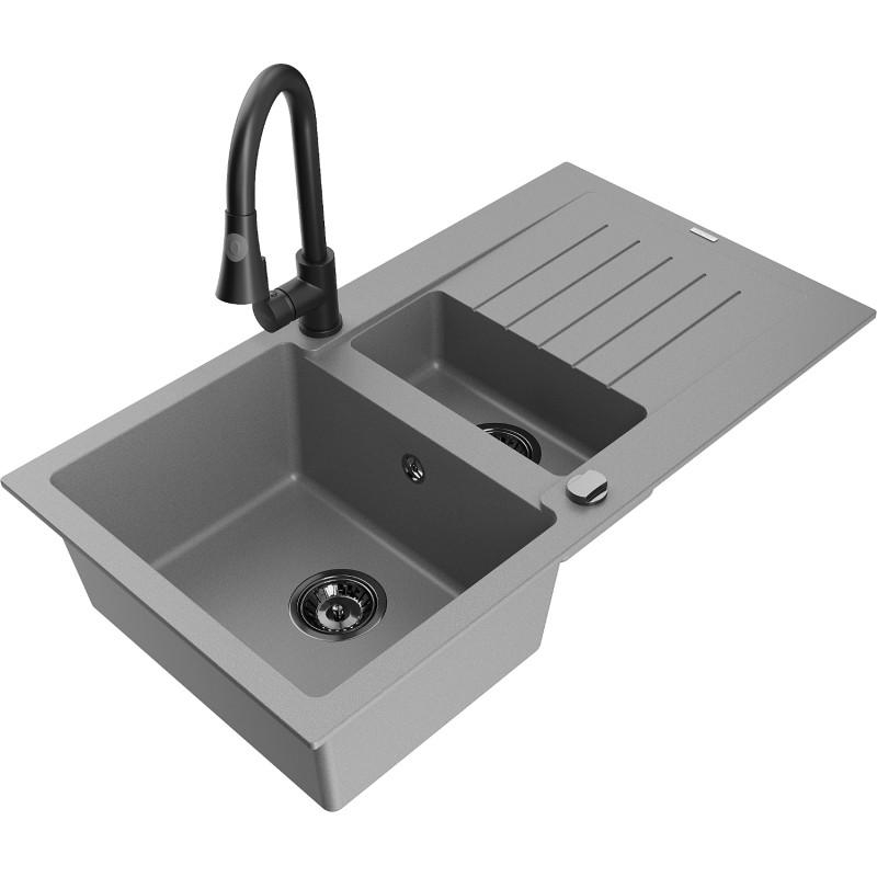Mexen Matias granite sink 1.5-bowl with drainer and Elia kitchen faucet, gray - 6502-71-670101-70-B
