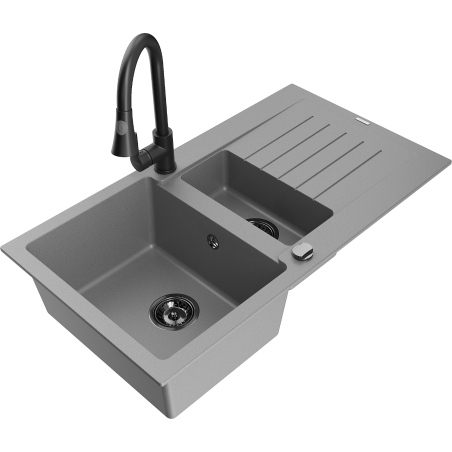 Mexen Matias granite sink 1.5-bowl with drainer and Elia kitchen tap, grey - 6502-71-670101-70-B